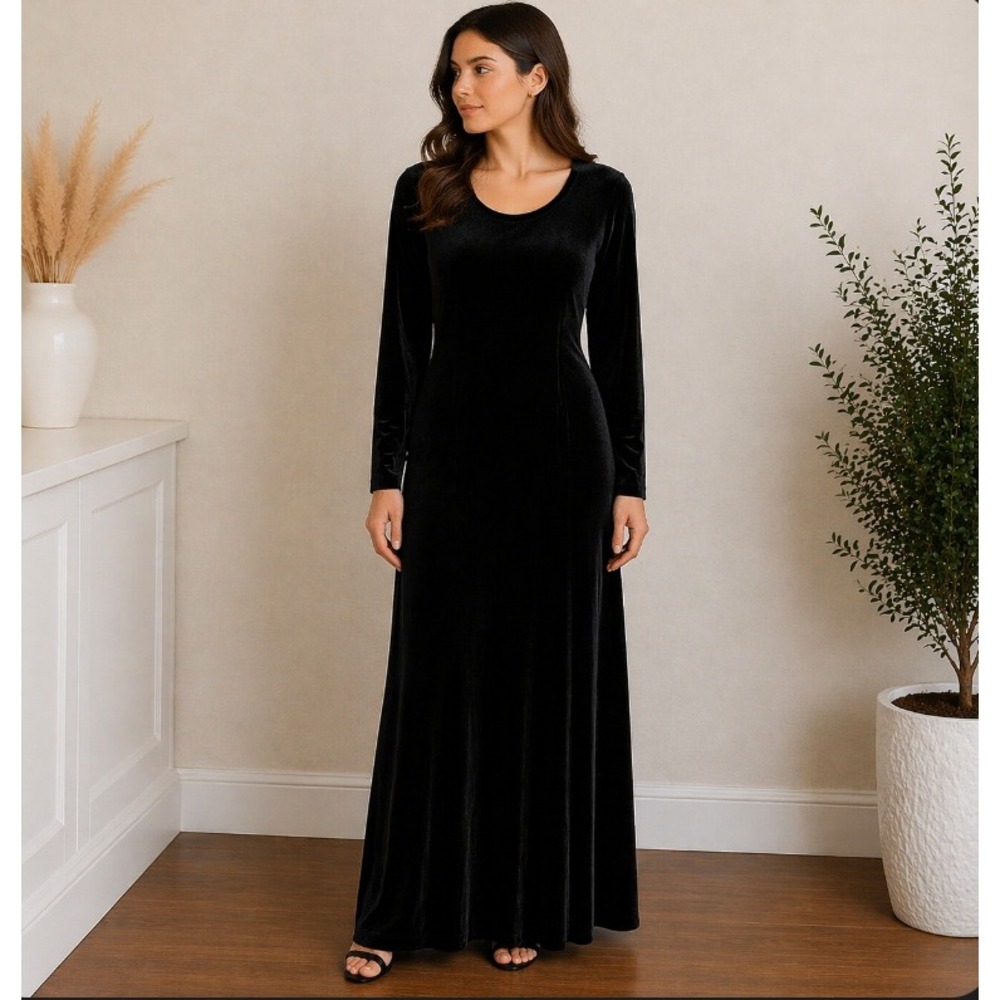 Soft Surroundings Maxi Dress Small Black Velvet Long‎ Sleeve Stretch Whimsygoth